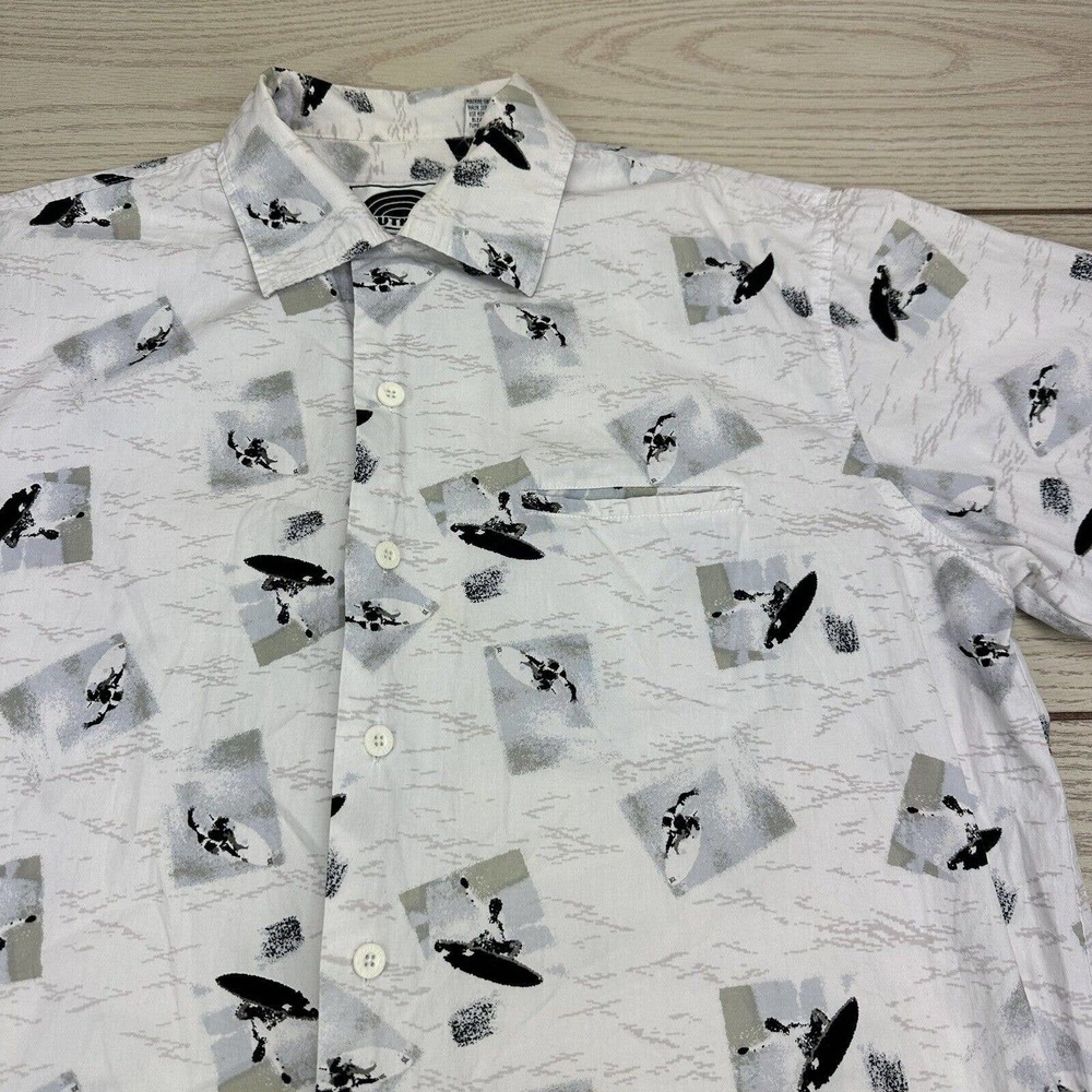 Southpole Surfer Print Cotton Short Sleeve Button Down Shirt White/Blue/Tan M